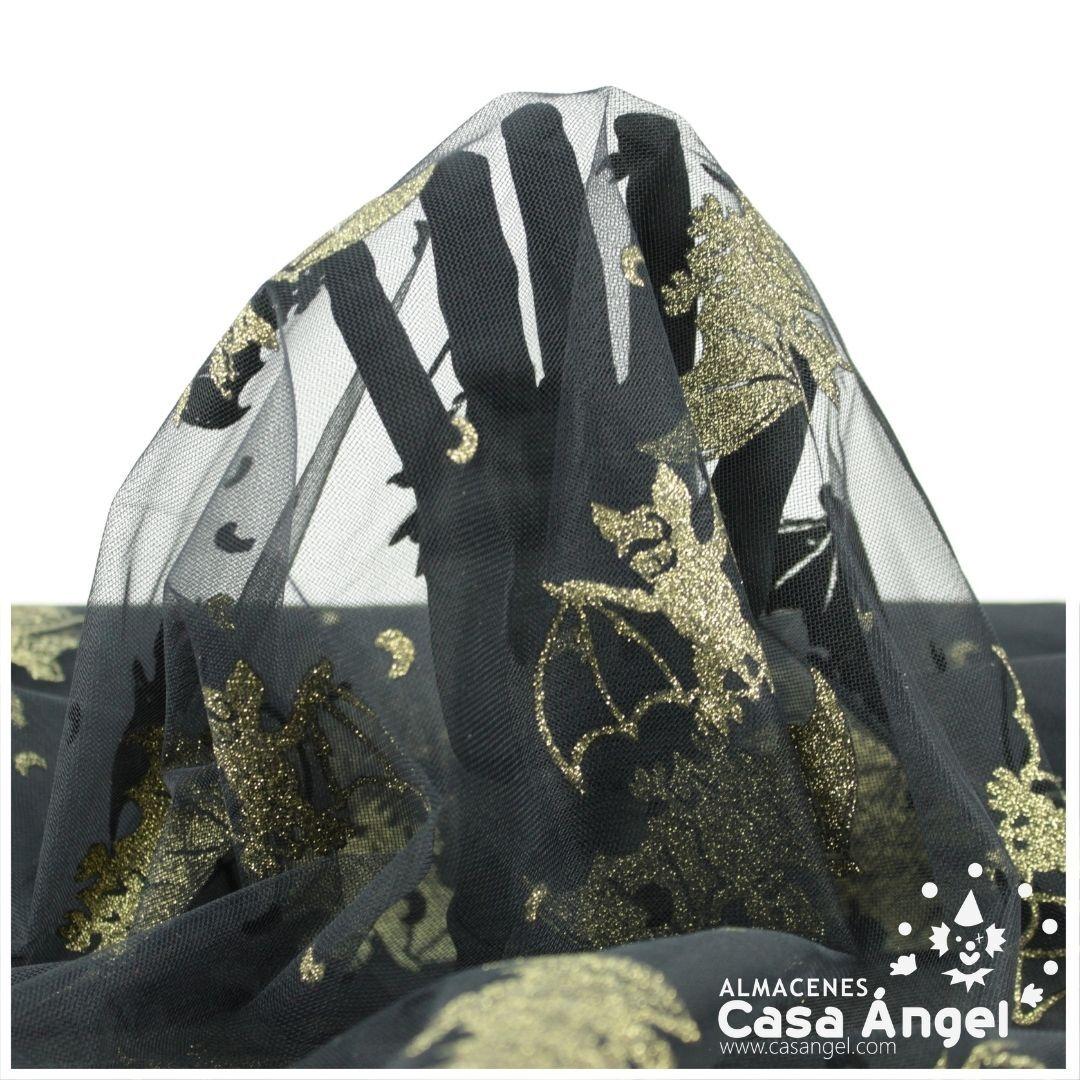 TUL MURCIÉLAGOS NEGRO Y GLITTER ORO 150cm