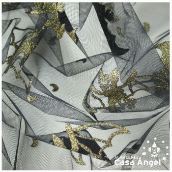 TUL MURCIÉLAGOS NEGRO Y GLITTER ORO 150cm