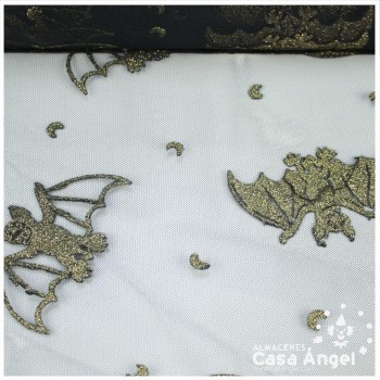 TUL MURCIÉLAGOS NEGRO Y GLITTER ORO 150cm