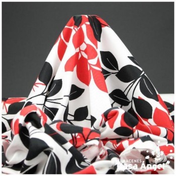 TELA ELÁSTICA BLANCA CON ESTAMPADO DE HOJAS ROJAS Y NEGRAS 150cm