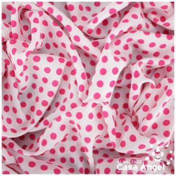 TELA DE CRESPÓN ESTAMPADA CON LUNARES FUCSIAS SOBRE BLANCO 150cm