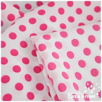 TELA DE CRESPÓN ESTAMPADA CON LUNARES FUCSIAS SOBRE BLANCO 150cm