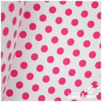TELA DE CRESPÓN ESTAMPADA CON LUNARES FUCSIAS SOBRE BLANCO 150cm