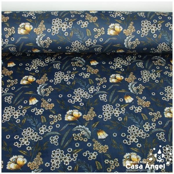 TERCIOPELO AZUL ESTAMPADO CON FLORES SERIE GARUN 140cm