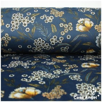 TERCIOPELO AZUL ESTAMPADO CON FLORES SERIE GARUN 140cm