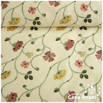 TAFETÁN CRUDO BORDADO FLORAL Y LENTEJUELAS SERIE KODAI 135cm