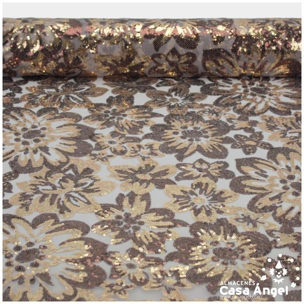TUL DE LENTEJUELAS MARRÓN Y ORO CON FLORES SERIE SAÚL 150cm