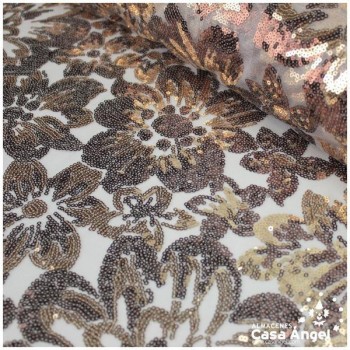 TUL DE LENTEJUELAS MARRÓN Y ORO CON FLORES SERIE SAÚL 150cm