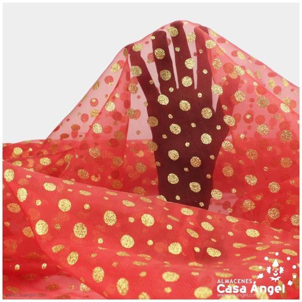 GASA ROJA CON LUNARES DE ESCARCHA ORO SERIE ADA 150cm