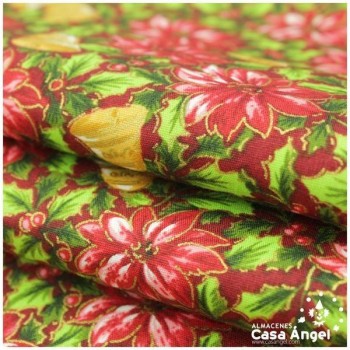 ALGODÓN PURO FLORES Y CAMPANAS ROJO 150cm