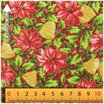 ALGODÓN PURO FLORES Y CAMPANAS ROJO 150cm