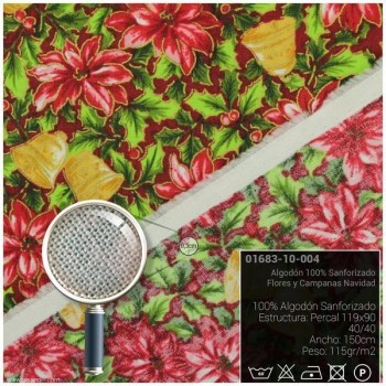 ALGODÓN PURO FLORES Y CAMPANAS ROJO 150cm
