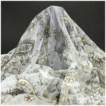 TUL BLANCO ESTAMPADO CON PURPURINA CACHEMIR SERIE ZORZAL 150cm