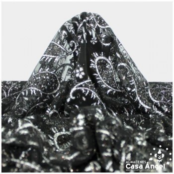 TUL NEGRO ESTAMPADO CON PURPURINA CACHEMIR SERIE ZORZAL 150cm