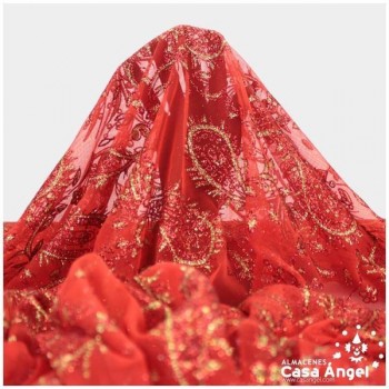 TUL ROJO ESTAMPADO CON PURPURINA CACHEMIR SERIE ZORZAL 150cm