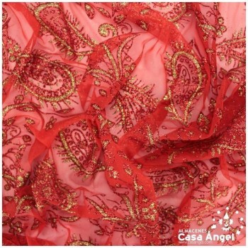 TUL ROJO ESTAMPADO CON PURPURINA CACHEMIR SERIE ZORZAL 150cm