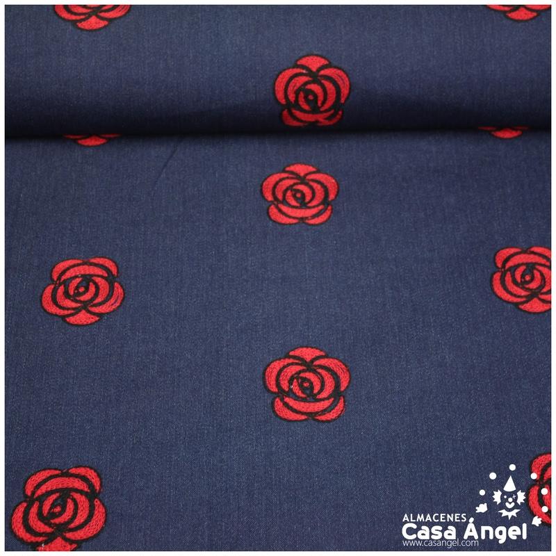 TEJIDO VAQUERO AZUL MARINO BORDADO ROSAS ROJAS 150cm