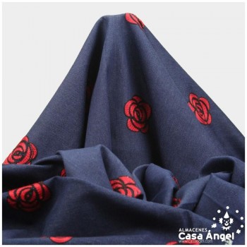 TEJIDO VAQUERO AZUL MARINO BORDADO ROSAS ROJAS 150cm
