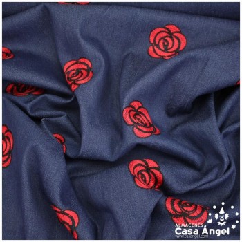 TEJIDO VAQUERO AZUL MARINO BORDADO ROSAS ROJAS 150cm