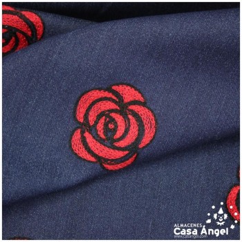 TEJIDO VAQUERO AZUL MARINO BORDADO ROSAS ROJAS 150cm