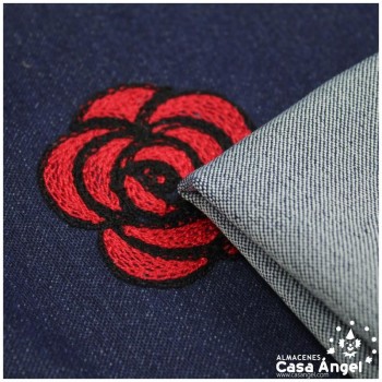TEJIDO VAQUERO AZUL MARINO BORDADO ROSAS ROJAS 150cm