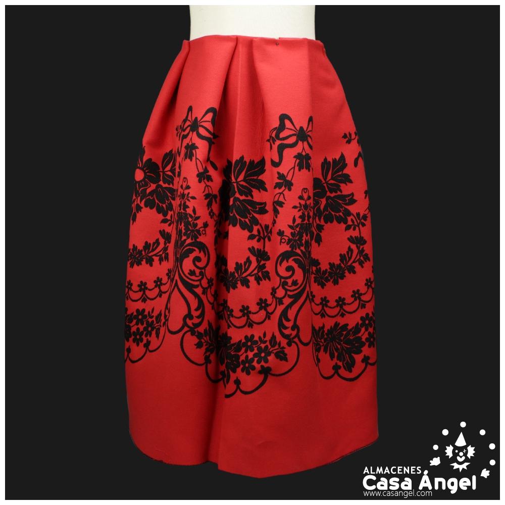 CORTE DE REFAJO ROJO PARA FALDA CON BORDADO FLORAL NEGRO 280x125cm