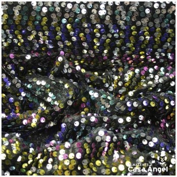 TERCIOPELO NEGRO CON LENTEJUELAS MULTICOLOR BORDADAS SERIE LEAFY 130cm