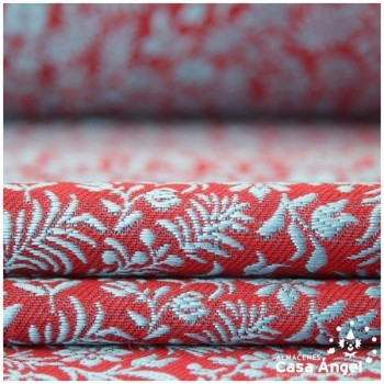 JACQUARD DE FLORES ROJAS Y TURQUESA SERIE RUZAFA 280cm