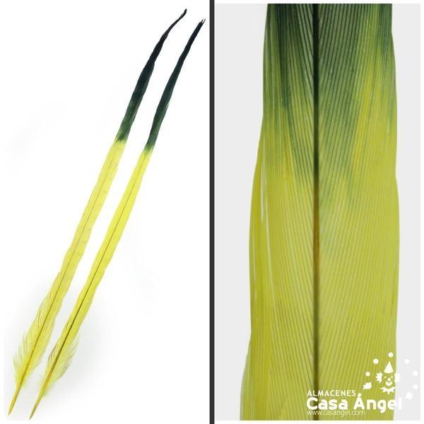 PLUMA DE FAISÁN TINTADA AMARILLA CON PUNTA NEGRA 58cm