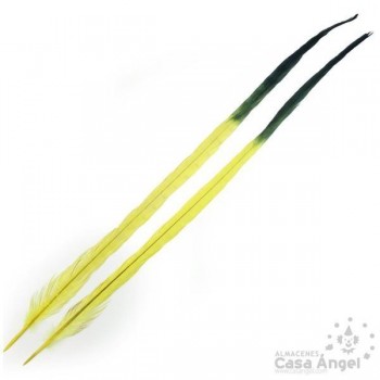 PLUMA DE FAISÁN TINTADA AMARILLA CON PUNTA NEGRA 58cm