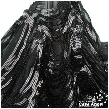 TUL DE LENTEJUELAS NEGRAS CON FLECOS SERIE GUIRNALDA 150cm