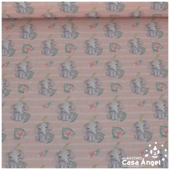 POPELÍN DE ALGODÓN ESTAMPADO ELEFANTES Y FLORECILLAS 150cm