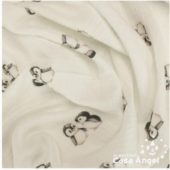 TELA MUSELINA BLANCO ROTO CON ESTAMPADO DE PINGÜINOS SERIE NISU 150cm