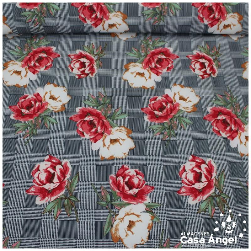 TEJIDO ELÁSTICO ESTAMPADO PATA DE GALLO Y FLORES 150cm
