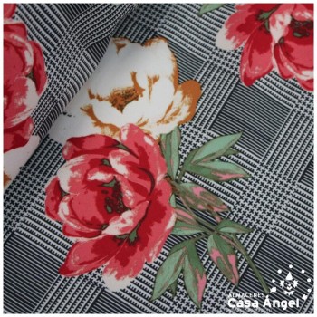 TEJIDO ELÁSTICO ESTAMPADO PATA DE GALLO Y FLORES 150cm