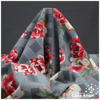 TEJIDO ELÁSTICO ESTAMPADO PATA DE GALLO Y FLORES 150cm