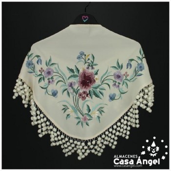 MANTÓN CON MADROÑOS COLOR BLANCO CRUDO Y BORDADO MULTICOLOR