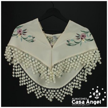 MANTÓN CON MADROÑOS COLOR BLANCO CRUDO Y BORDADO MULTICOLOR