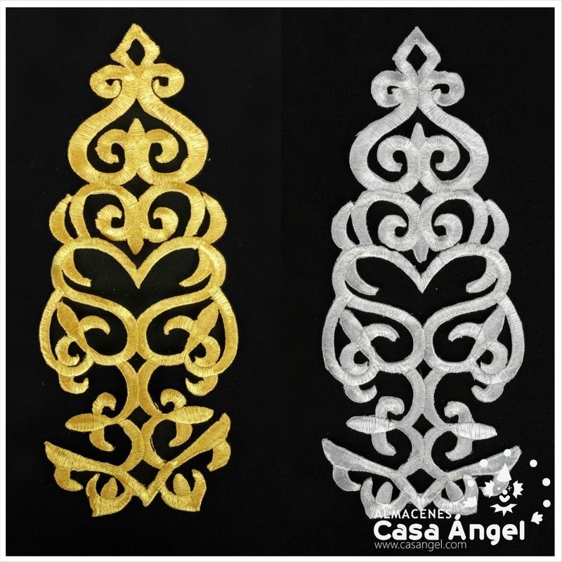 APLICACIÓN TERMOADHESIVA BORDADA EN HILO LÚREX COLORES ORO Y PLATA 29x12cm