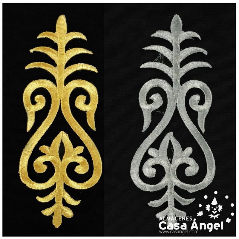 APLICACIÓN TERMOADHESIVA BORDADA EN LÚREX EN COLORES ORO Y PLATA 20x8,5cm