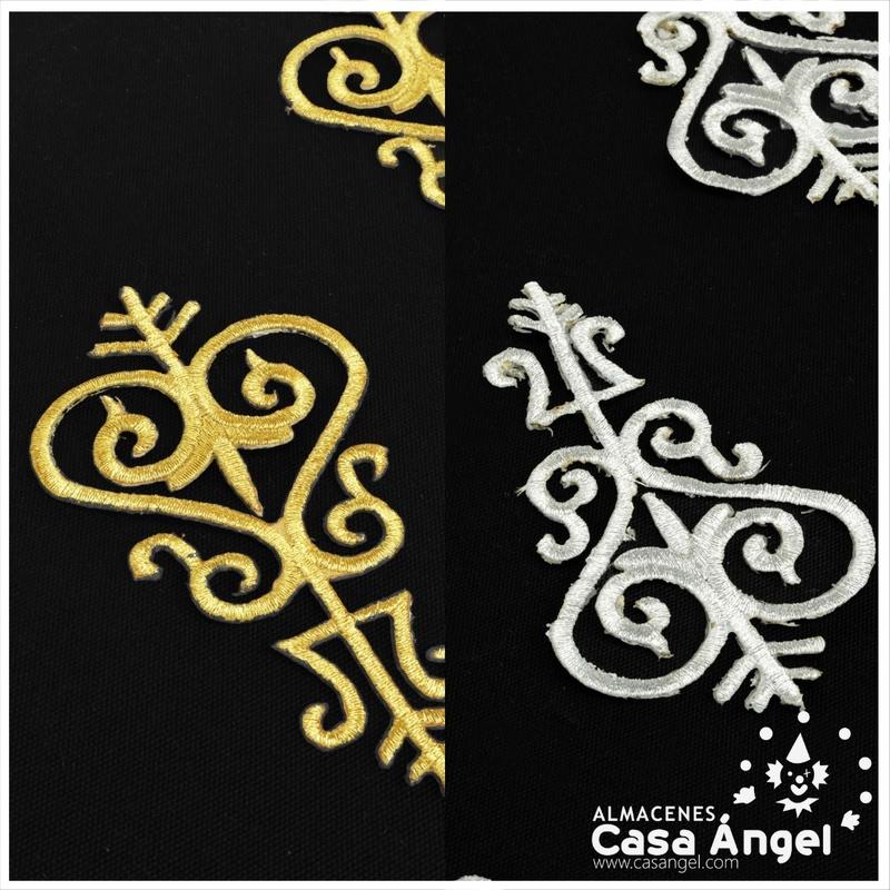 APLICACIÓN TERMOADHESIVA BORDADA EN HILO LÚREX DE COLORES ORO Y PLATA 7x12cm