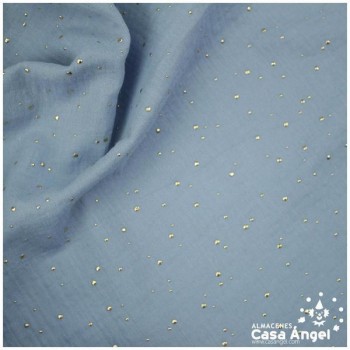 TELA MUSELINA AZUL CON PUNTOS DORADOS EN RELIEVE SERIE GINGA 150cm