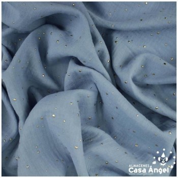 TELA MUSELINA AZUL CON PUNTOS DORADOS EN RELIEVE SERIE GINGA 150cm