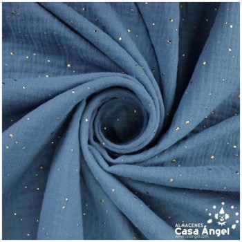 TELA MUSELINA INDIGO CON PUNTOS DORADOS EN RELIEVE SERIE GINGA 150cm