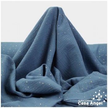 TELA MUSELINA INDIGO CON PUNTOS DORADOS EN RELIEVE SERIE GINGA 150cm