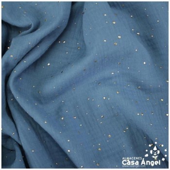 TELA MUSELINA INDIGO CON PUNTOS DORADOS EN RELIEVE SERIE GINGA 150cm