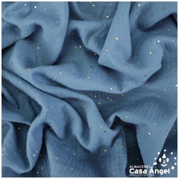 TELA MUSELINA INDIGO CON PUNTOS DORADOS EN RELIEVE SERIE GINGA 150cm
