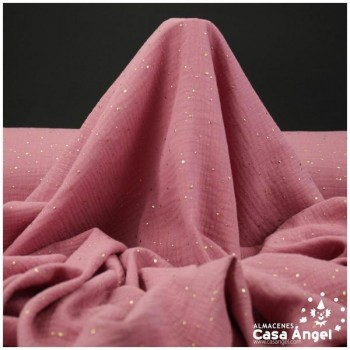 TELA MUSELINA ROSA CON PUNTOS DORADOS EN RELIEVE SERIE GINGA 150cm