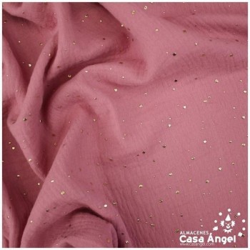 TELA MUSELINA ROSA CON PUNTOS DORADOS EN RELIEVE SERIE GINGA 150cm