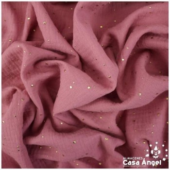 TELA MUSELINA ROSA CON PUNTOS DORADOS EN RELIEVE SERIE GINGA 150cm